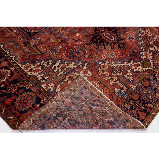 Persian Hand-Knotted 1950s Persian Heriz Wool Rug in Red With Medallion Design For Sale - Image 3 of 6