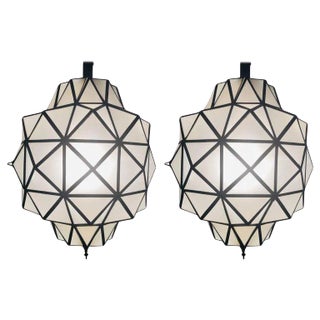 Art Deco White Chandeliers, Pendant or Lanterns in Dome Shape, a Pair For Sale
