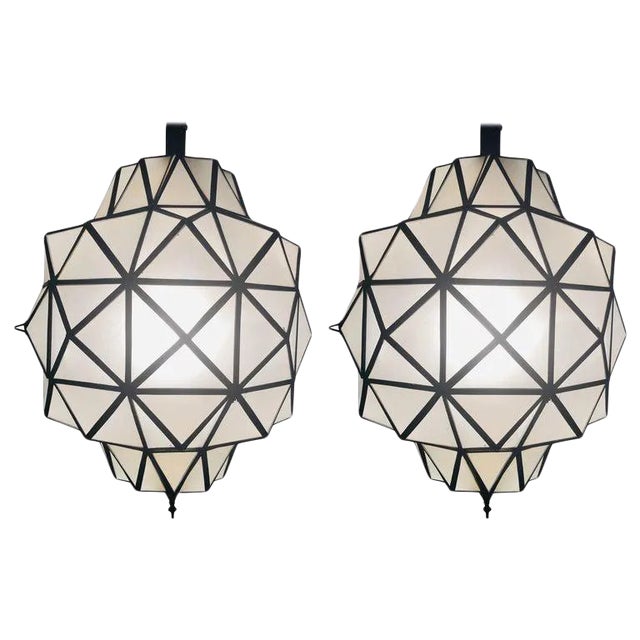 Art Deco White Chandeliers, Pendant or Lanterns in Dome Shape, a Pair For Sale