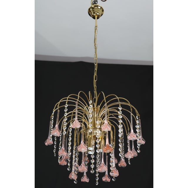 Pretty Set of 2 Murano chandelier with pink glass with alternate crystals flowers in the style of Venini's La Cascata....