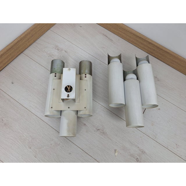 Three-Light Tubetto Wall Lamps in White Iron and Chrome by Stilnovo, 1960s, Set of 2 For Sale - Image 6 of 8