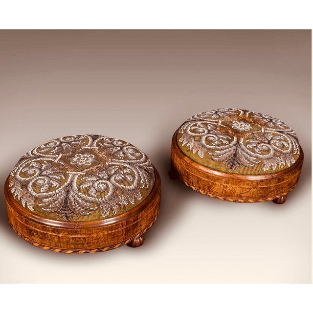 Brown Pair of English Walnut Beaded Footstools,c1840 For Sale - Image 8 of 18
