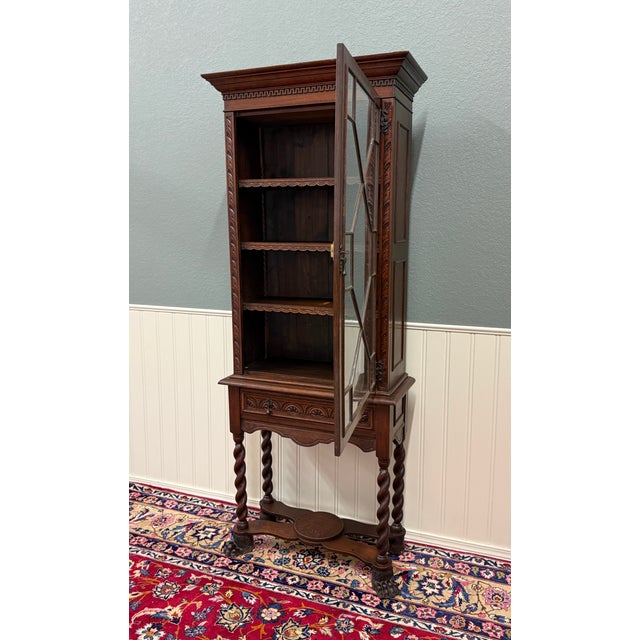 Antique English Oak Jacobean Revival Bookcase Barley Twist Display Cabinet C1890 For Sale - Image 12 of 17