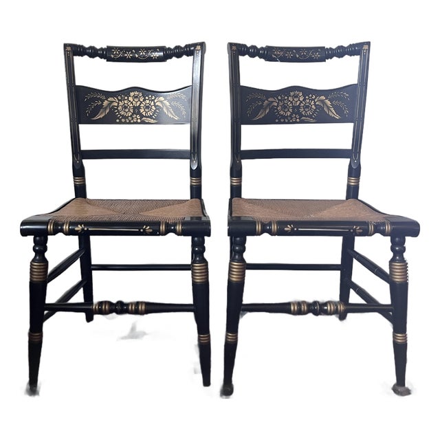 Set of 2 - Vintage Hitchcock Style Stenciled, Black and Gold Painted Chairs, Rush Seats For Sale
