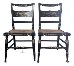 Set of 2 - Vintage Hitchcock Style Stenciled, Black and Gold Painted Chairs, Rush Seats