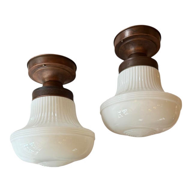 Mid 20th Century Pair of Mid Century Milk Glass Flushmount Ceiling Lights For Sale