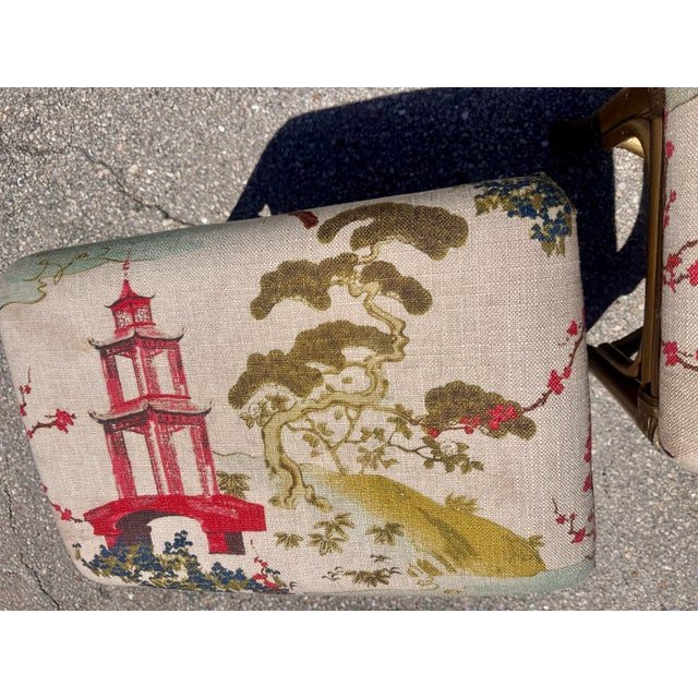 Pair of Vintage Painted Gold Bamboo Stools in Regal Fabrics “Zen Toile” Upholstery For Sale - Image 4 of 11