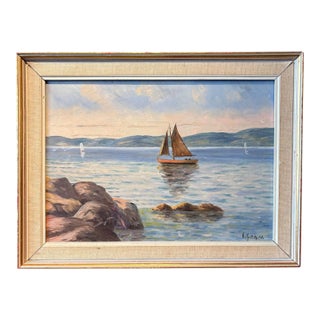 Vintage Seascape Oil Painting on Board in Original Frame For Sale