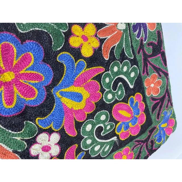 Vintage Suzani Embroidered Pillow Cover - Uzbek Silk Floral Textile - Bohemian Global Decor Accent For Sale - Image 4 of 11