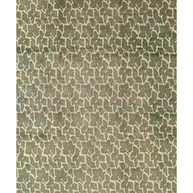 Green Leaf Pattern Vintage Rug with a Modern Design in Squared Shape. Measurements: 7' x 8'8. Rendered in green and yellow...