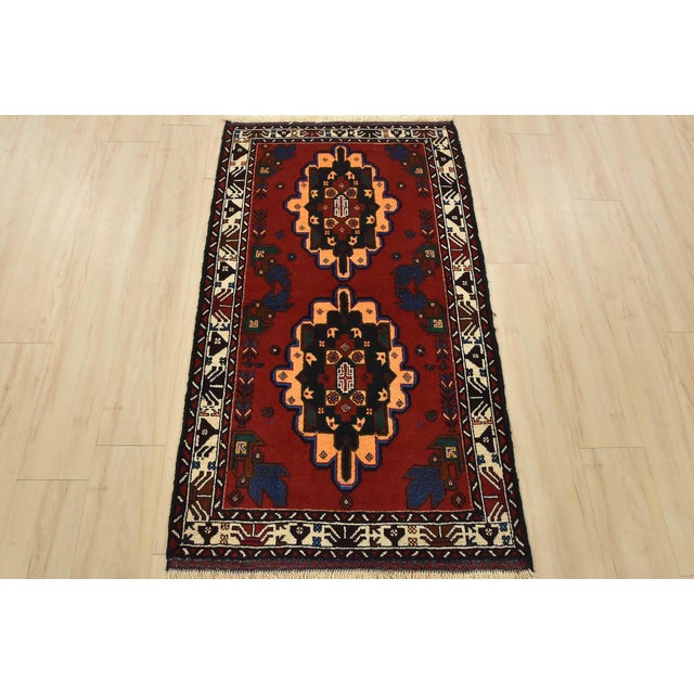 Tribal Baloch Rug 2’11” X 5’1′ Red Wool Vintage Tribal Hand-Knotted Oriental Carpet For Sale - Image 3 of 9