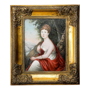 Exceptional Large Antique Portrait Miniature Painting of Woman Regency Style Heavy Gilt Metal Frame