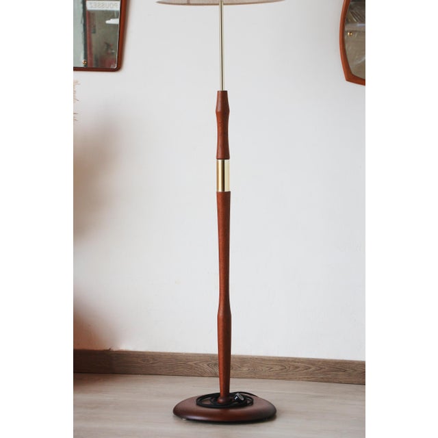 Mid-Century Modern Vintage Scandinavian Floor Lamp in Wood and Gilded Brass with Beige Lampshade, 1960s For Sale - Image 3 of 12