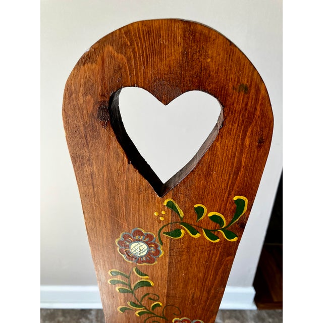 Vintage European Folk Art Hand-Painted Pine Stabelle Chair With Heart Cutout For Sale - Image 4 of 18