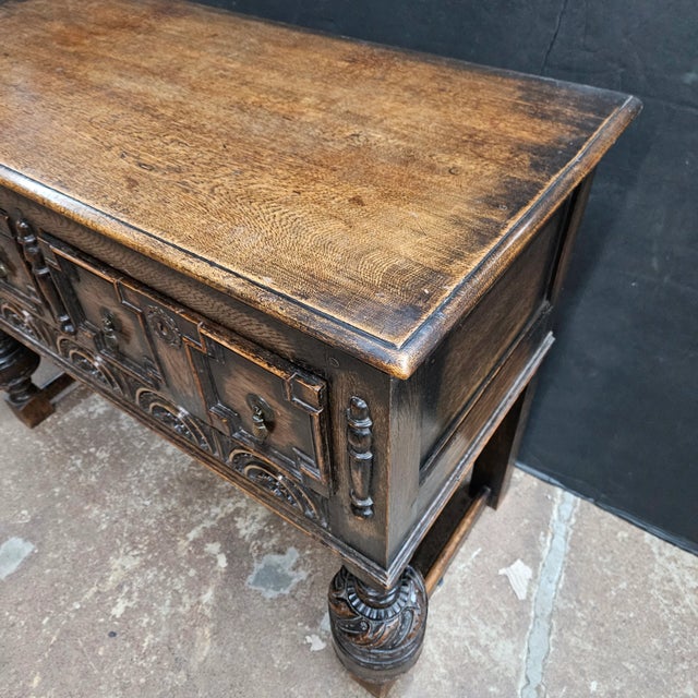 Brown 18th Century Oak Jacobean Style Carved Console Table With 2 Drawers and Bulbus Turned Legs For Sale - Image 8 of 12