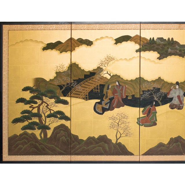 Fine, beautifully aged, elegant vintage 4-panel Japanese Byobu (folding screen) depicts scenes from "The Tale of Genji", a...