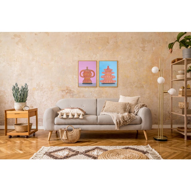 Pink 2025, Pink and Blue Trophies, Modern Still Life Vessels, Acrylic Paint and Gouache Crayon on Watercolor Paper - Set of 2 For Sale - Image 8 of 9