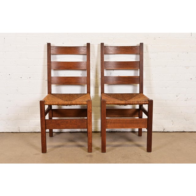 Gustav Stickley Antique Mission Oak Arts & Crafts Ladder Back Side Chairs or Dining Chairs With Rush Seats, Pair For Sale - Image 12 of 12