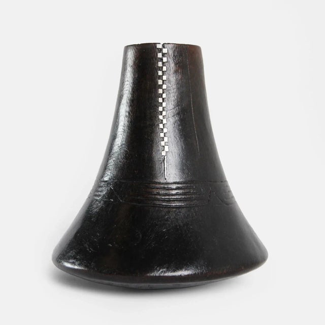 Authentic vintage wood carved Bahima / Hima milk pot from Uganda. Beautiful aluminum repair work and hand woven lid.