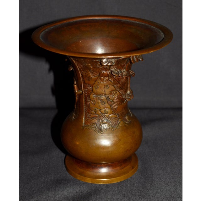 Japanese Antique Japanese Bronze Vase With Figural and Landsape Motif For Sale - Image 3 of 14