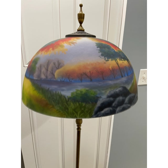 Bronze Early 20th Century Bronze Floor Lamp With Reverse Painted Glass Shade For Sale - Image 8 of 10
