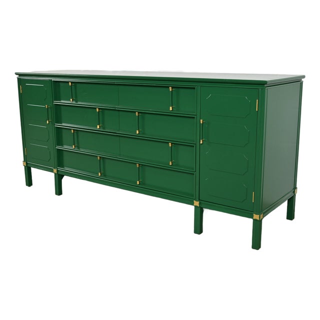 Thomasville Hollywood Regency Chinoiserie Green Lacquered Long Dresser or Credenza, Newly Refinished For Sale