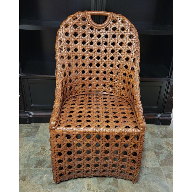 Contemporary Vintage Basketweave Rattan Accent Chair With Sculptural Handled Back For Sale - Image 3 of 7