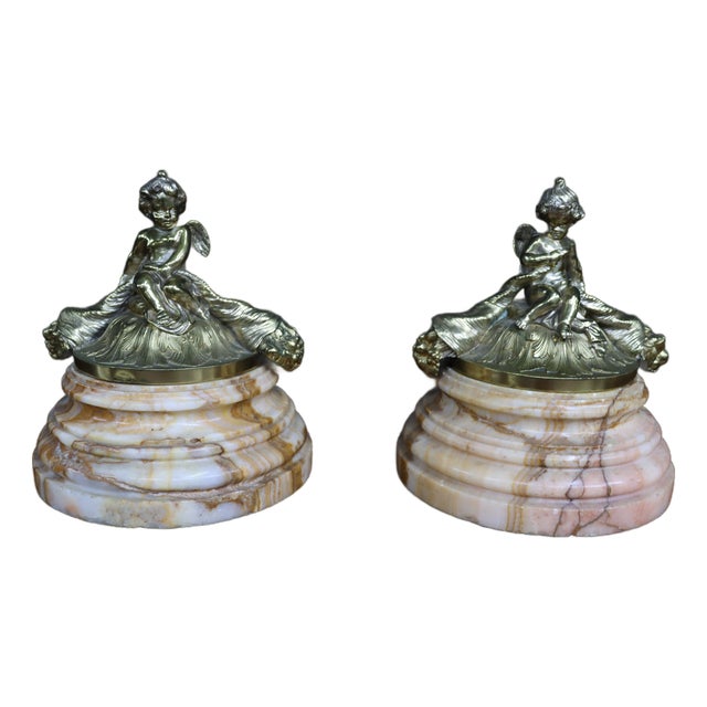 Pair of Italian Marble and Bronze Cherub Lidded Boxes For Sale