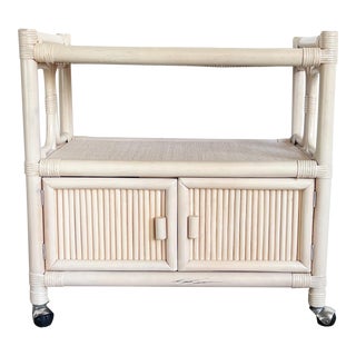 Boho Chic White Washed Bamboo Rattan and Wicker Bar Cart For Sale