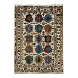 Ivory & Blue Sultani Natural Dye Wool Rug, Tribal Geometric Medallion Design, 6′10″ × 9′10″ For Sale
