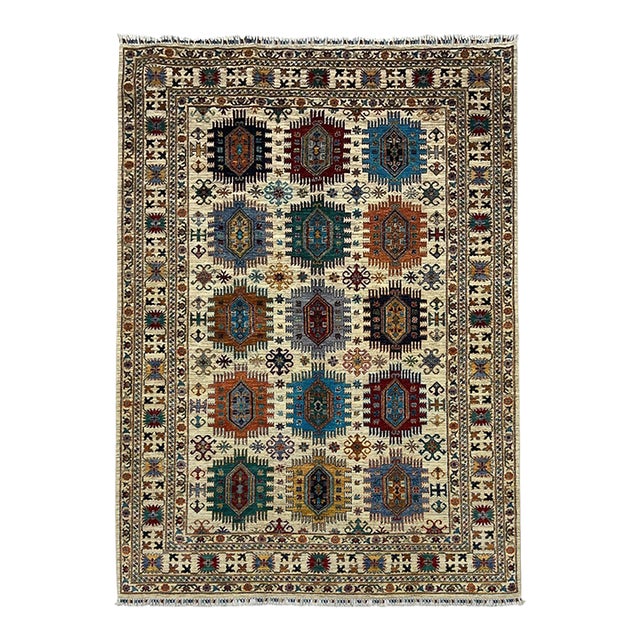 Ivory & Blue Sultani Natural Dye Wool Rug, Tribal Geometric Medallion Design, 6′10″ × 9′10″ For Sale