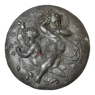 Antique 19th Century Heavy Lead Cherub Putty Figural Circular Relief Plaque Art For Sale
