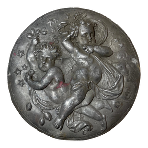 Antique 19th Century Heavy Lead Cherub Putty Figural Circular Relief Plaque Art