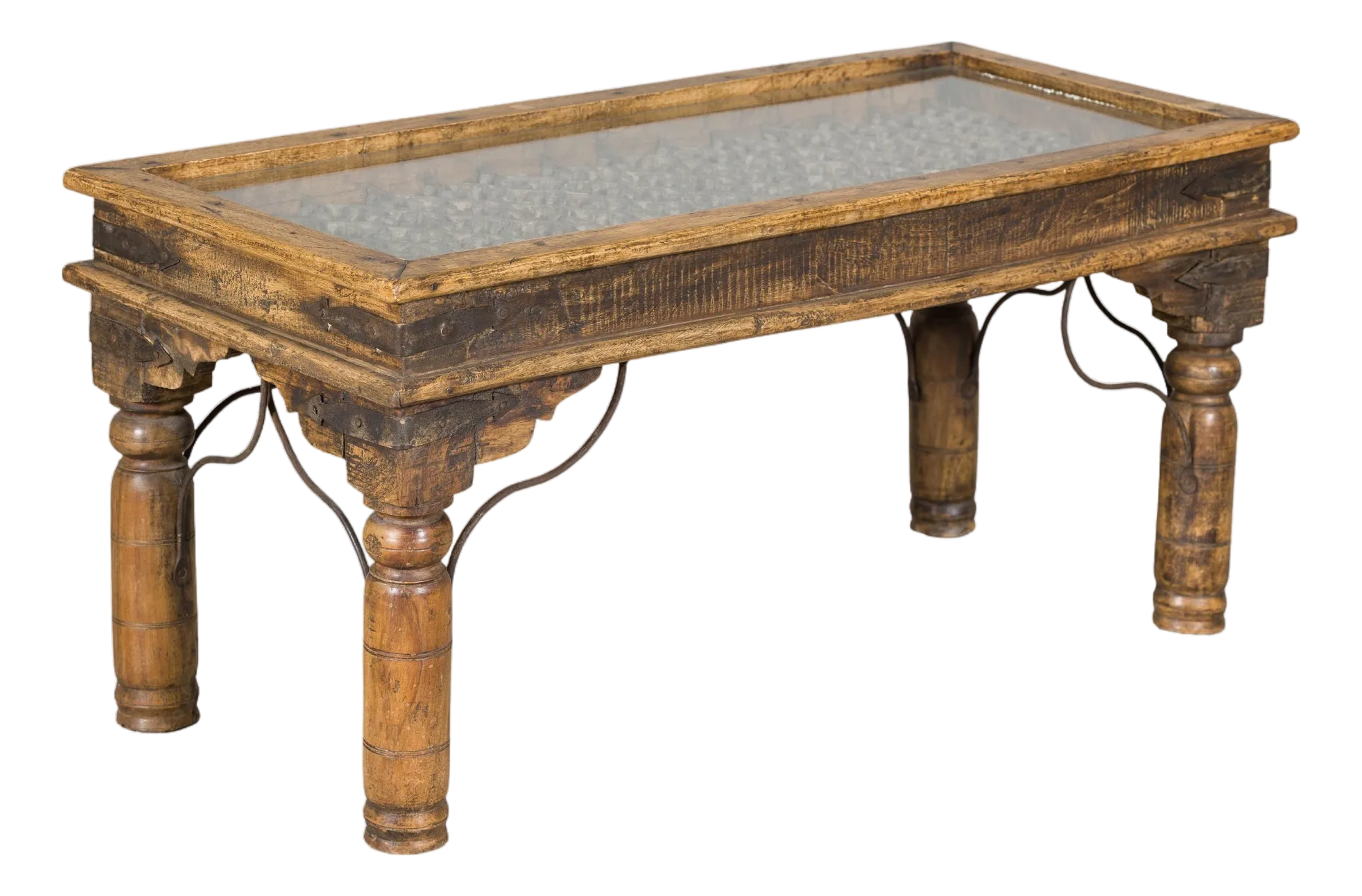 その他 Indian vintage work table. Vintage Indian Rustic Wood Coffee Table with Antique Ironwork and