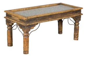Vintage Indian Rustic Wood Coffee Table with Antique Ironwork and Custom Glass