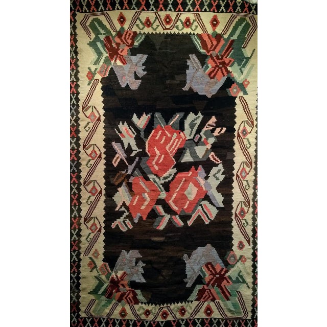 Vintage Caucasian Karabagh Kilim, Flat-Woven Wool, Floral Bouquet Pattern, Dark Brown & Ivory, 5x8 For Sale - Image 13 of 17