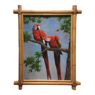 Large Two Parrots Bamboo-Framed Painting For Sale