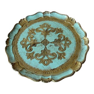 1960s Turqoise and Gold Round Florentine Tray For Sale