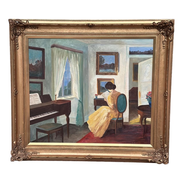 V. Hansen, Interior with Reading Woman, 1960s, Oil Painting on Canvas, Framed For Sale