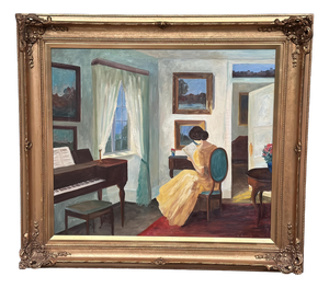 V. Hansen, Interior with Reading Woman, 1960s, Oil Painting on Canvas, Framed