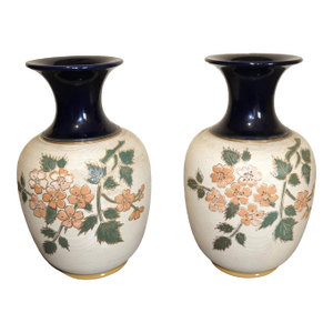 Pair of Early 20th Century English Art Nouveau Lovatt's Langley Ware Stoneware Floral Motif Tapestry Baluster Vases