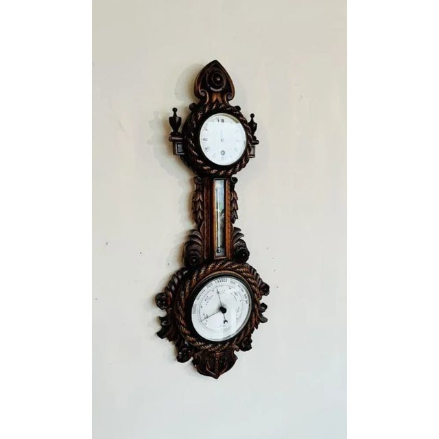 Wood Antique Victorian Carved Walnut Banjo Clock Barometer, 1880 For Sale - Image 7 of 9