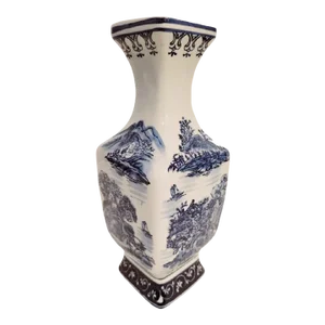 Chinoiserie Blue White Scenic Garden Ceramic Tall Vessel Vase