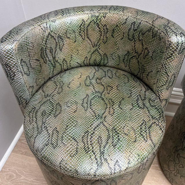 Late 20th Century Chic Faux Green Snakeskin Barrel Bar Stools For Sale - Image 4 of 4