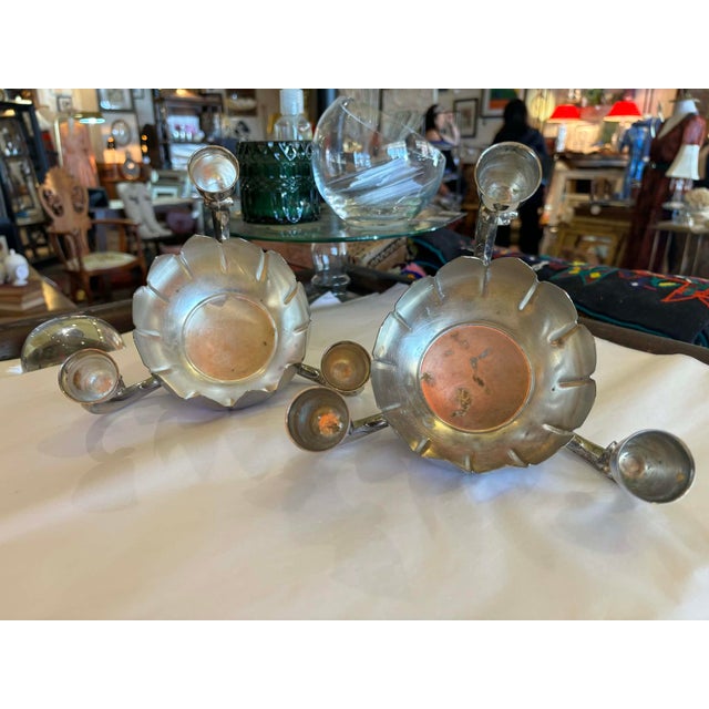 1920s Pair of Silver Plate Lotus Stylized 3 Arm Candleabras For Sale - Image 5 of 7