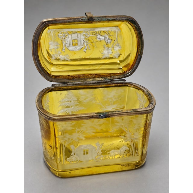 Victorian Bohemian Amber Etched Glass Coach Scenic Jewelry Casket, Circa 1880 For Sale - Image 3 of 7