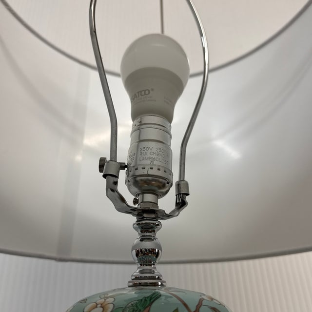 Late 20th Century Jade Green Ceramic Table Lamp With Butterflies + Birds For Sale In San Francisco - Image 6 of 12