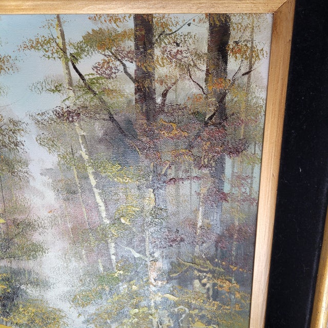 1970s R. Amutris Mid Century Modern Original Oil Painting Artist Signed River Forest Trees For Sale - Image 4 of 18