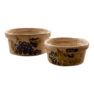 Late 20th Century Tuscan Vineyard Ceramic Ramekin Bowls, Hand-Painted Grape Motif, Rustic Wine Country Kitchen Decor, Set of 2 For Sale