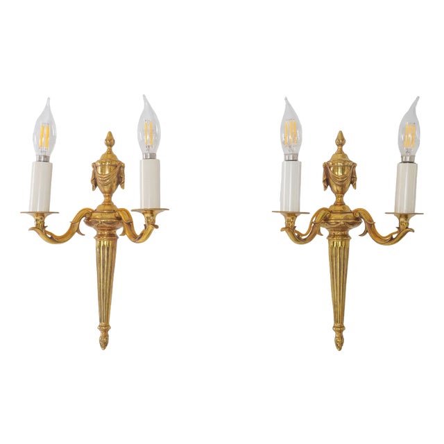 Luminaire d'Art French Empire Louis XVI Style Double Arm Cast Brass Sconces, Pair Of For Sale